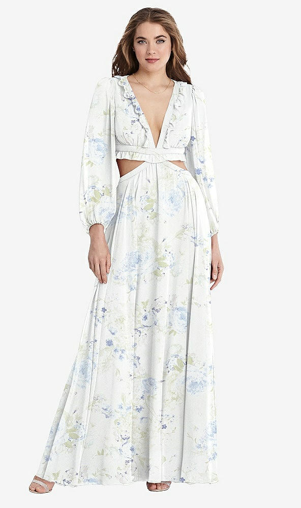 Front View - Bleu Garden Bishop Sleeve Ruffled Chiffon Cutout Maxi Dress - Harlow