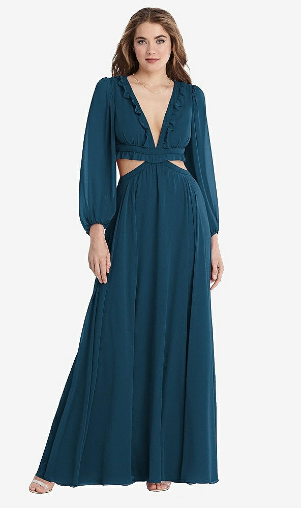 Front View - Atlantic Blue Bishop Sleeve Ruffled Chiffon Cutout Maxi Dress - Harlow