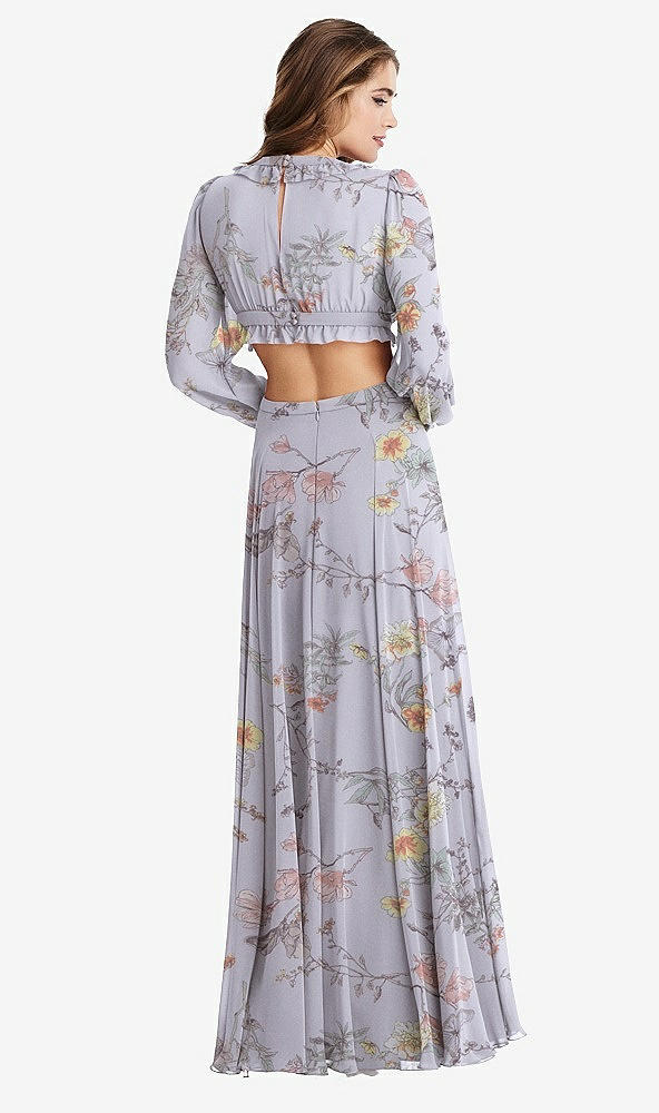 Back View - Butterfly Botanica Silver Dove Bishop Sleeve Ruffled Chiffon Cutout Maxi Dress - Harlow