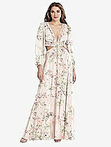 Front View Thumbnail - Blush Garden Bishop Sleeve Ruffled Chiffon Cutout Maxi Dress - Harlow
