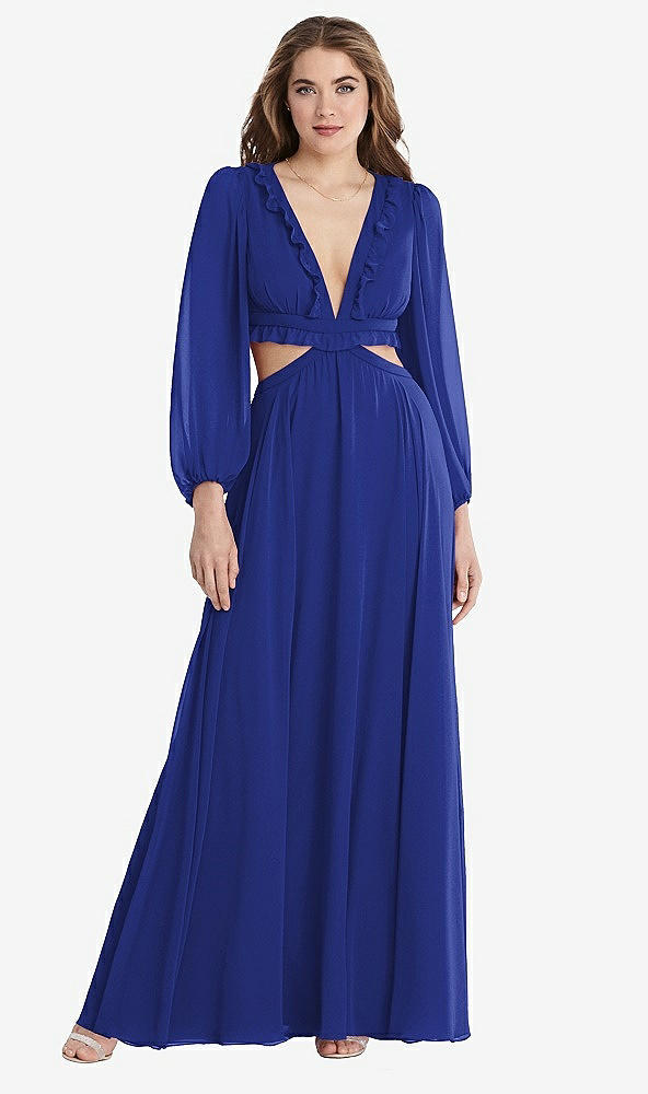 Front View - Cobalt Blue Bishop Sleeve Ruffled Chiffon Cutout Maxi Dress - Harlow