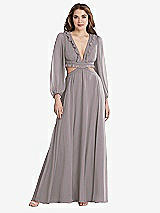 Front View Thumbnail - Cashmere Gray Bishop Sleeve Ruffled Chiffon Cutout Maxi Dress - Harlow