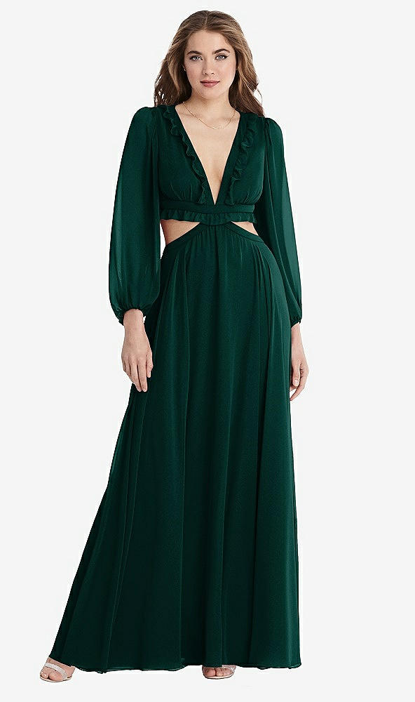 Front View - Evergreen Bishop Sleeve Ruffled Chiffon Cutout Maxi Dress - Harlow