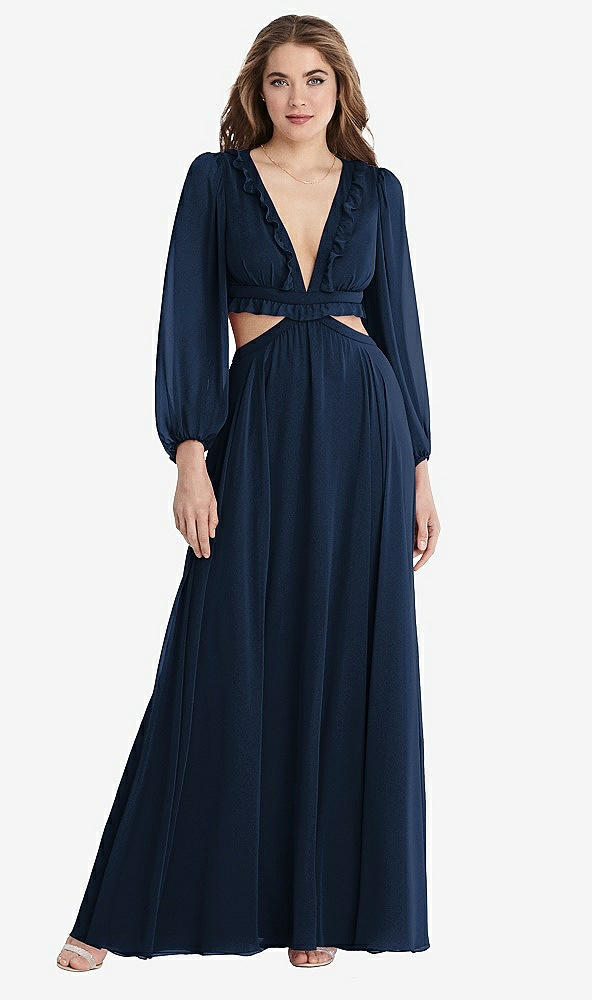 Front View - Midnight Navy Bishop Sleeve Ruffled Chiffon Cutout Maxi Dress - Harlow