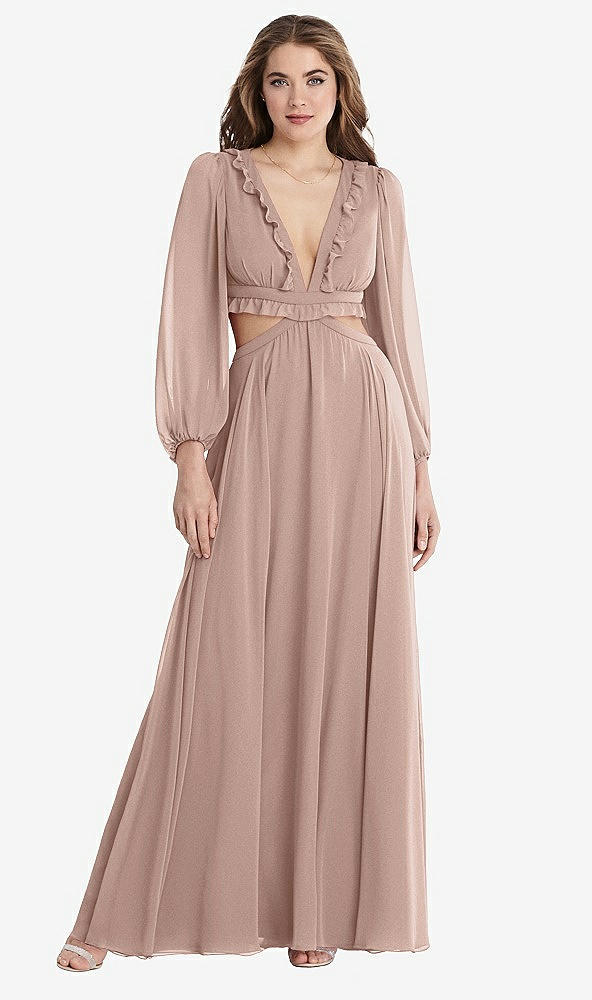 Front View - Neu Nude Bishop Sleeve Ruffled Chiffon Cutout Maxi Dress - Harlow