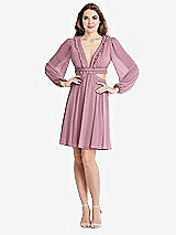 Alt View 1 Thumbnail - Dusty Pink Bishop Sleeve Ruffled Chiffon Cutout Mini Dress - Hannah