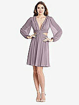 Alt View 1 Thumbnail - Lilac Dusk Bishop Sleeve Ruffled Chiffon Cutout Mini Dress - Hannah