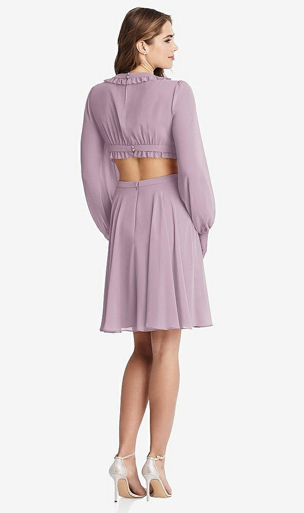 Back View - Suede Rose Bishop Sleeve Ruffled Chiffon Cutout Mini Dress - Hannah