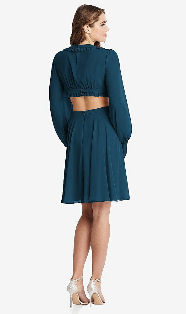 Back View - Atlantic Blue Bishop Sleeve Ruffled Chiffon Cutout Mini Dress - Hannah