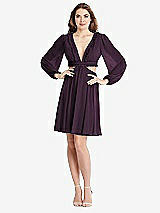 Alt View 1 Thumbnail - Aubergine Bishop Sleeve Ruffled Chiffon Cutout Mini Dress - Hannah
