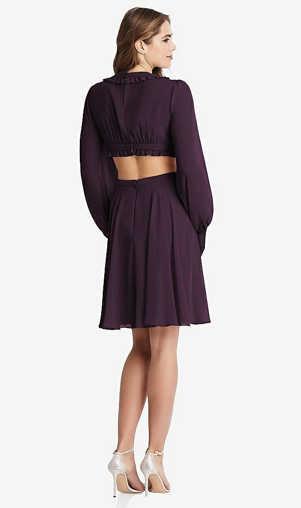 Back View - Aubergine Bishop Sleeve Ruffled Chiffon Cutout Mini Dress - Hannah