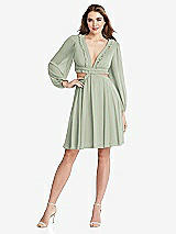 Front View Thumbnail - Celadon Bishop Sleeve Ruffled Chiffon Cutout Mini Dress - Hannah
