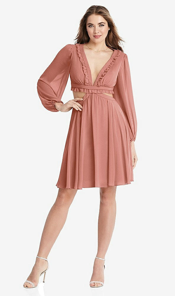 Front View - Desert Rose Bishop Sleeve Ruffled Chiffon Cutout Mini Dress - Hannah