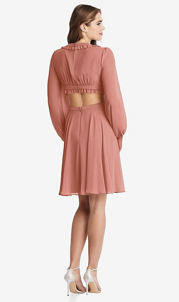Back View - Desert Rose Bishop Sleeve Ruffled Chiffon Cutout Mini Dress - Hannah