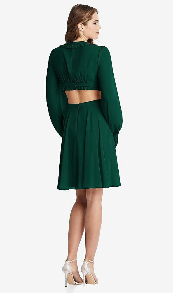 Back View - Hunter Green Bishop Sleeve Ruffled Chiffon Cutout Mini Dress - Hannah