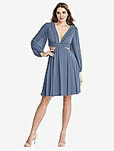 Front View Thumbnail - Larkspur Blue Bishop Sleeve Ruffled Chiffon Cutout Mini Dress - Hannah