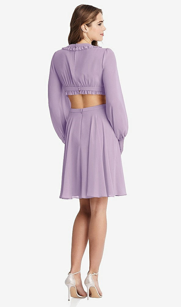 Back View - Pale Purple Bishop Sleeve Ruffled Chiffon Cutout Mini Dress - Hannah