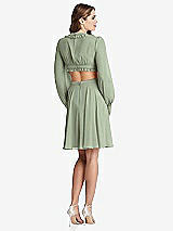 Rear View Thumbnail - Sage Bishop Sleeve Ruffled Chiffon Cutout Mini Dress - Hannah