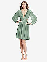 Alt View 1 Thumbnail - Seagrass Bishop Sleeve Ruffled Chiffon Cutout Mini Dress - Hannah