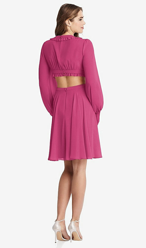 Back View - Tea Rose Bishop Sleeve Ruffled Chiffon Cutout Mini Dress - Hannah