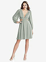 Front View Thumbnail - Willow Green Bishop Sleeve Ruffled Chiffon Cutout Mini Dress - Hannah