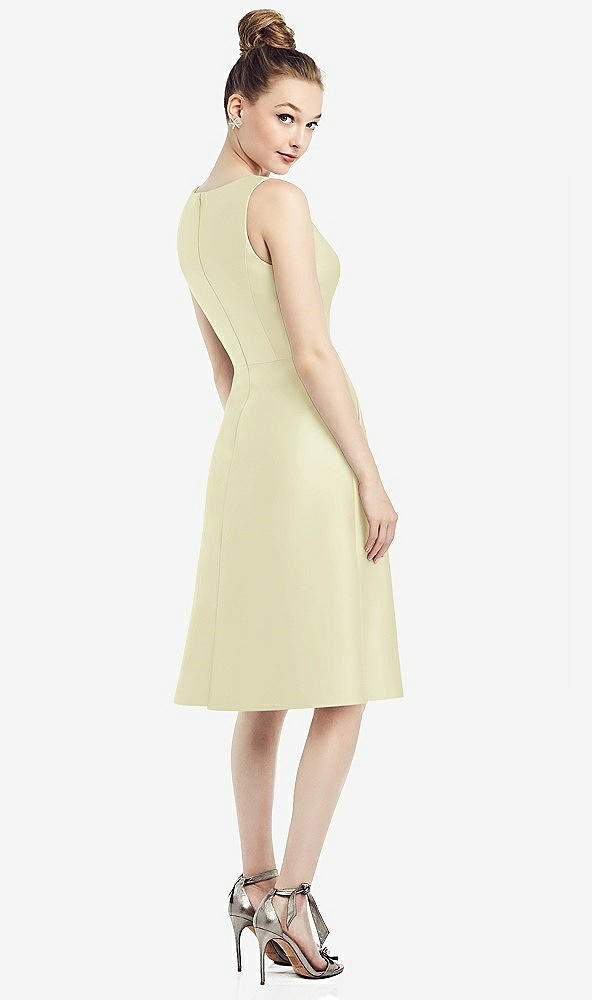 Back View - Butter Yellow Sleeveless V-Neck Satin Midi Dress with Pockets