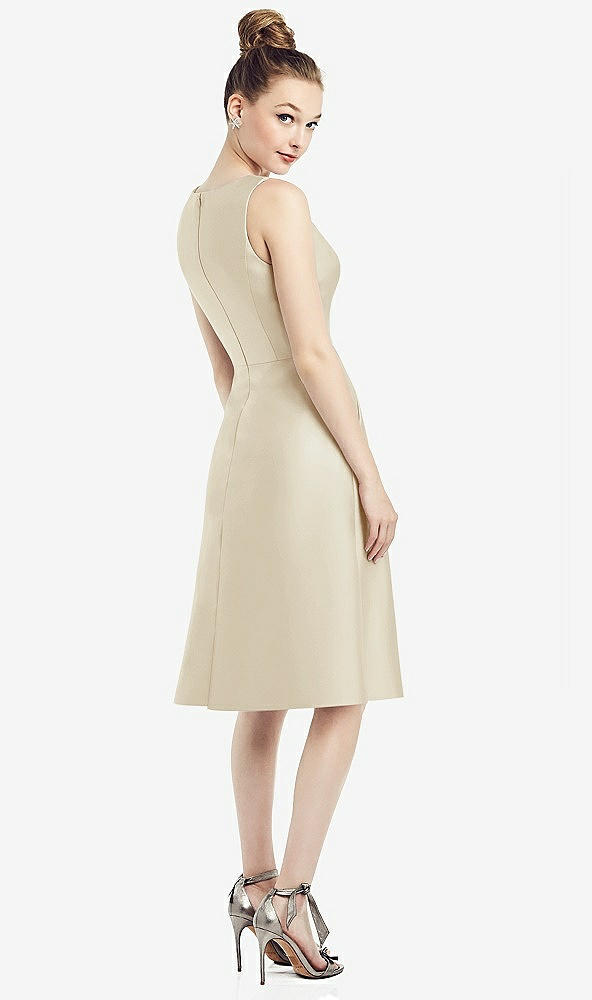 Back View - Champagne Sleeveless V-Neck Satin Midi Dress with Pockets