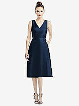 Front View Thumbnail - Midnight Navy Sleeveless V-Neck Satin Midi Dress with Pockets