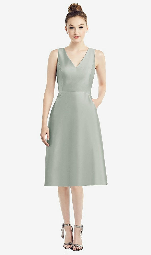 Front View - Willow Green Sleeveless V-Neck Satin Midi Dress with Pockets