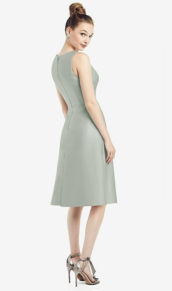 Back View - Willow Green Sleeveless V-Neck Satin Midi Dress with Pockets