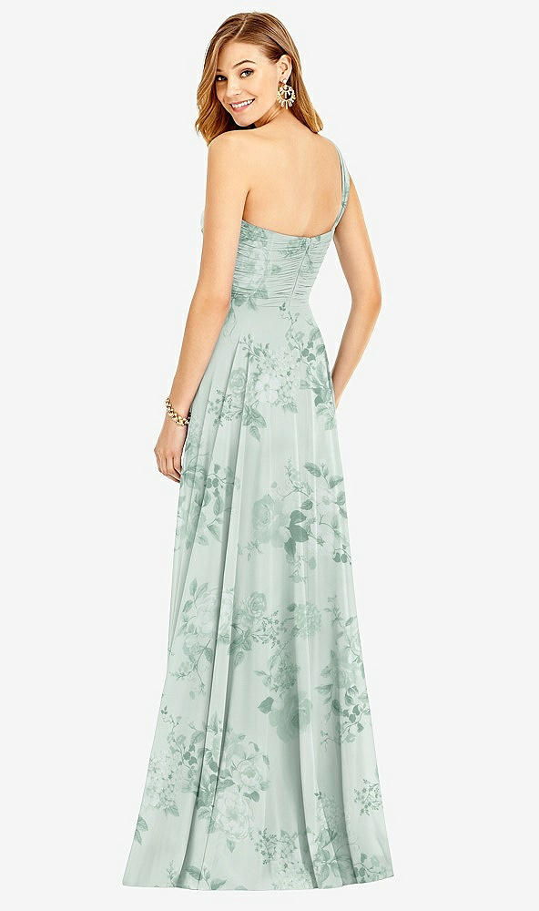 Back View - Mint Green Floral One-Shoulder Draped Chiffon Maxi Dress - Dani