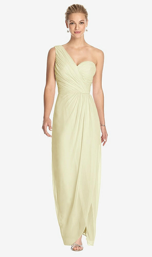 Front View - Butter Yellow One-Shoulder Draped Maxi Dress with Front Slit - Aeryn