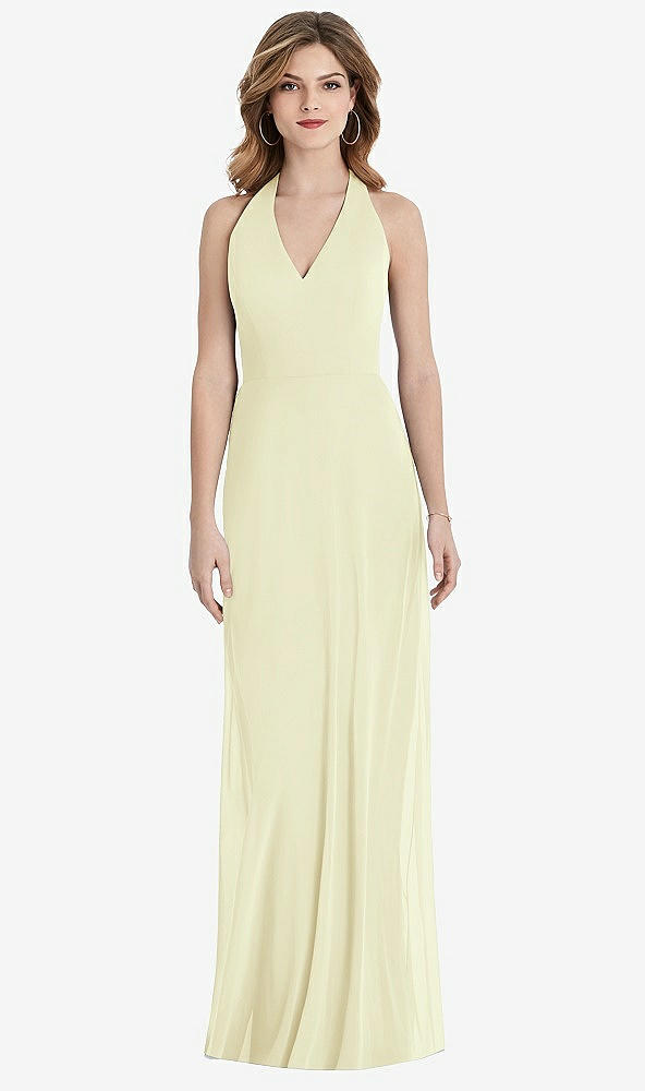 Back View - Butter Yellow V-Neck Halter Chiffon Maxi Dress - Taryn