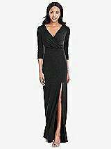 Front View Thumbnail - Black 3/4 Sleeve V-Back Draped Wrap Maxi Dress - Yara