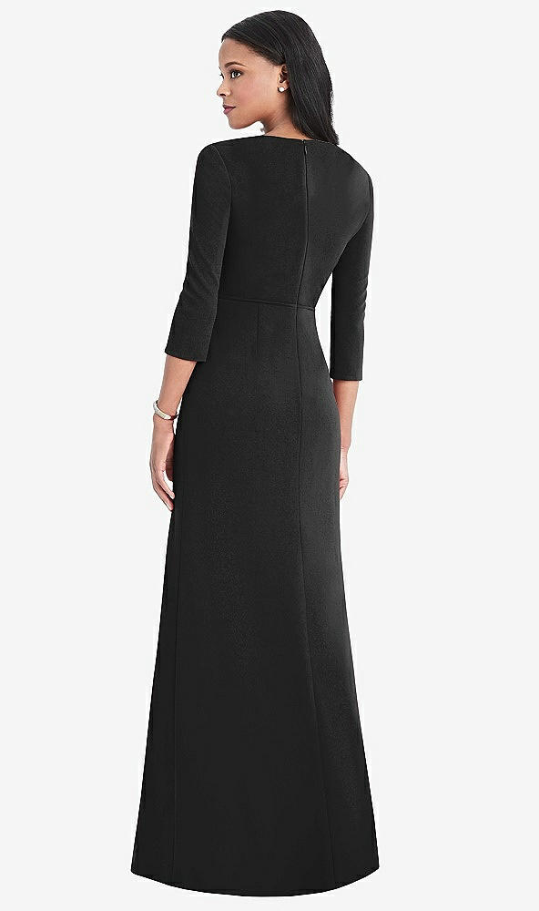 Back View - Black 3/4 Sleeve V-Back Draped Wrap Maxi Dress - Yara
