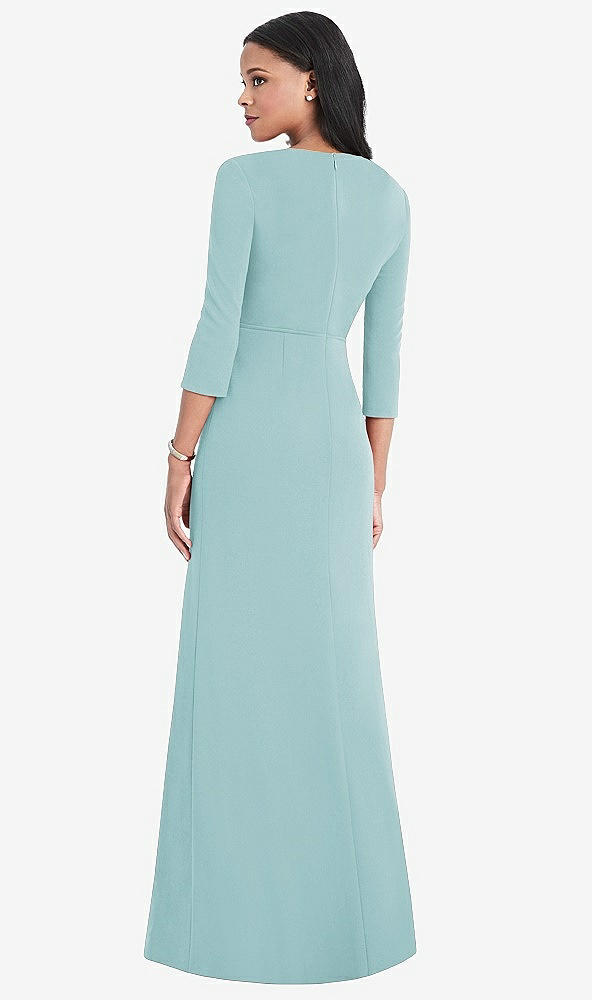 Back View - Canal Blue 3/4 Sleeve V-Back Draped Wrap Maxi Dress - Yara