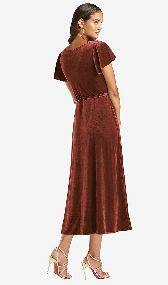 Back View - Auburn Moon Flutter Sleeve Velvet Midi Wrap Dress with Pockets