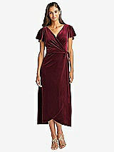 Front View Thumbnail - Cabernet Flutter Sleeve Velvet Midi Wrap Dress with Pockets