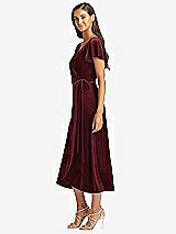 Side View Thumbnail - Cabernet Flutter Sleeve Velvet Midi Wrap Dress with Pockets
