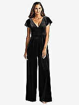 Front View Thumbnail - Black Flutter Sleeve Velvet Jumpsuit with Pockets