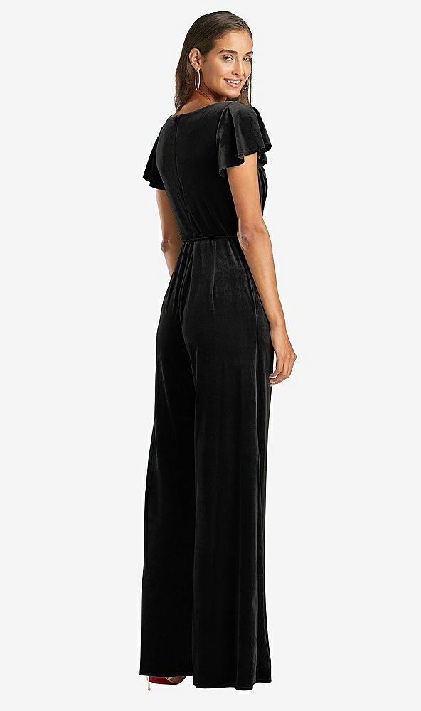 Back View - Black Flutter Sleeve Velvet Jumpsuit with Pockets
