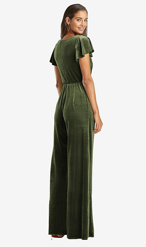 Back View - Olive Green Flutter Sleeve Velvet Jumpsuit with Pockets