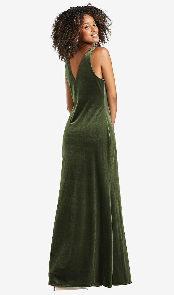 Back View - Olive Green Cowl-Neck Velvet Maxi Tank Dress - Priya