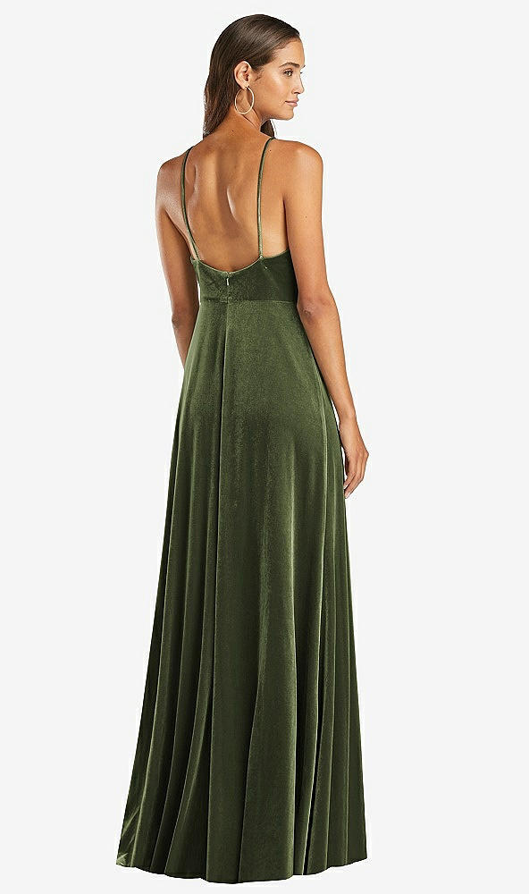 Back View - Olive Green Velvet Halter Maxi Dress with Front Slit - Harper