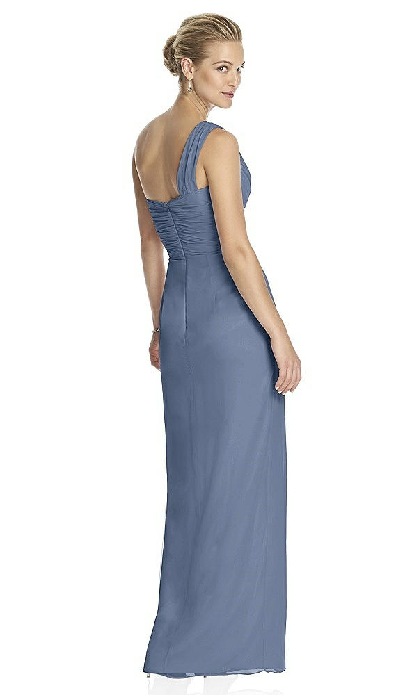 Back View - Larkspur Blue One-Shoulder Draped Maxi Dress with Front Slit - Aeryn