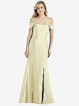 Side View Thumbnail - Butter Yellow Off-the-Shoulder Bow-Back Satin Trumpet Gown