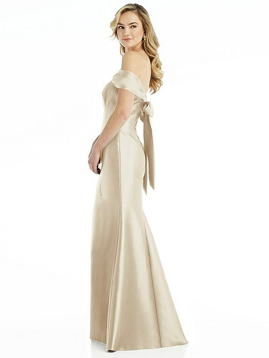 Off-the-Shoulder Bow-Back Satin Trumpet Gown