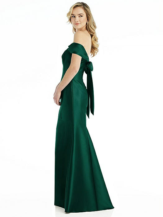 Off-the-Shoulder Bow-Back Satin Trumpet Gown