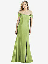 Side View Thumbnail - Mojito Off-the-Shoulder Bow-Back Satin Trumpet Gown