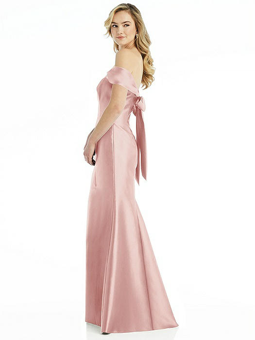 Off-the-Shoulder Bow-Back Satin Trumpet Gown